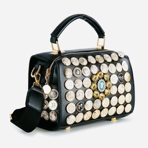 Black Designer Button Handbag with Gold Accents